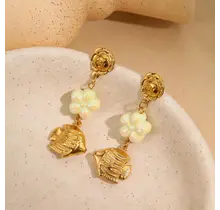 Stainless Steel Oorbellen met Vis Bedel en Parelmoer Bloem – Goud