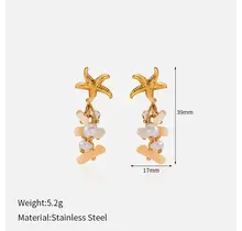 Stainless Steel Oorbellen met Zeester, Parels en Kralen – Goud