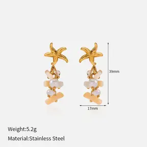 Stainless Steel Oorbellen met Zeester, Parels en Kralen – Goud