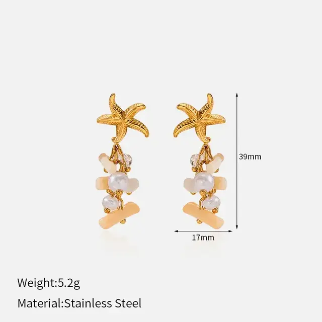 Stainless Steel Oorbellen met Zeester, Parels en Kralen – Goud