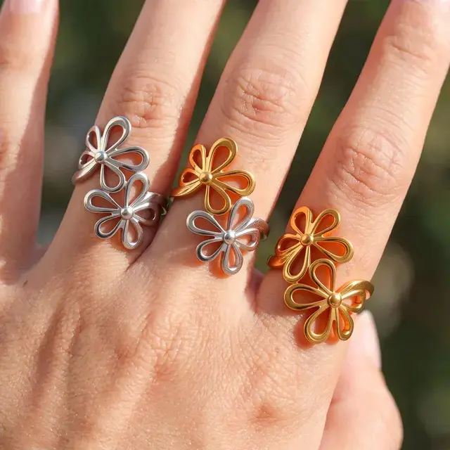 Verstelbare Stainless Steel Bloem Ring – Goud & Zilver