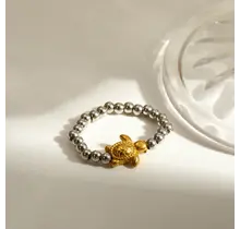 Elastische Stainless Steel Ring Schildpad – Goud, Two Tone of Parel