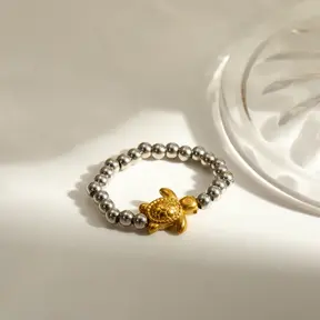 Elastische Stainless Steel Ring Schildpad – Goud, Two Tone of Parel