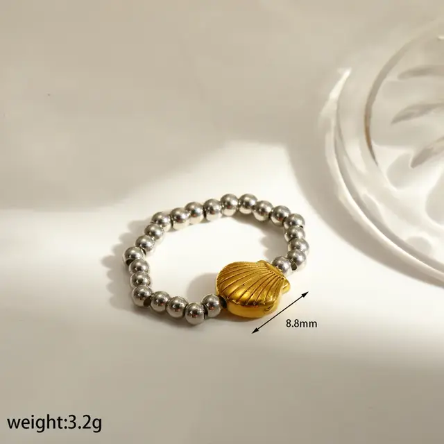 Elastische Stainless Steel Ring Schelp – Goud, Two Tone of Parel