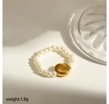 Elastische Stainless Steel Ring Schelp – Goud, Two Tone of Parel