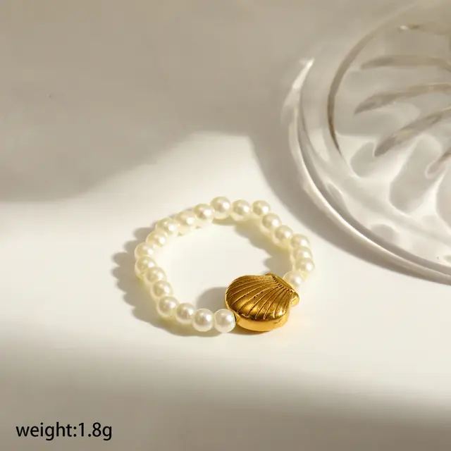 Elastische Stainless Steel Ring Schelp – Goud, Two Tone of Parel