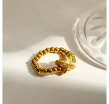 Elastische Stainless Steel Ring Zeester – Goud, Two Tone of Parel