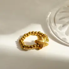 Elastische Stainless Steel Ring Zeester – Goud, Two Tone of Parel