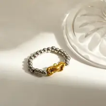 Elastische Stainless Steel Ring Zeepaardje – Goud, Two Tone of Parel