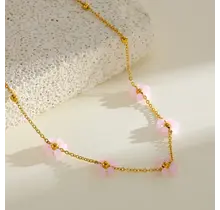Stainless Steel Ketting Bloemetjes Roze 40+5 cm