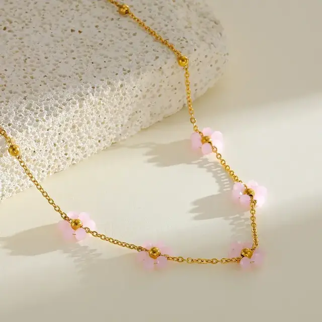 Stainless Steel Ketting Bloemetjes Roze 40+5 cm