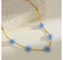 Stainless Steel Ketting Bloemetjes Blauw 40+5 cm