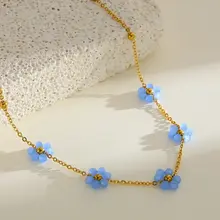 Stainless Steel Ketting Bloemetjes Blauw 40+5 cm