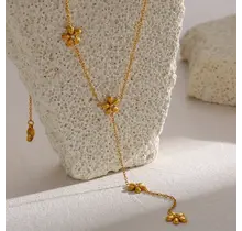 Stainless Steel Ketting Bloemetjes Y-Ketting Goudkleurig 39+5 cm