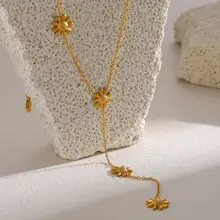 Stainless Steel Ketting Bloem Y-Ketting Goudkleurig 39+5 cm