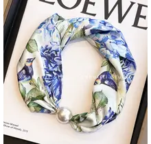 Sjaalketting met Parel Magnetische Sluiting Vogel & Bloemen Print Blauw