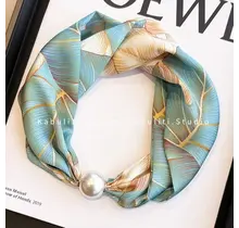 Sjaalketting met Parel Magnetische Sluiting Mint & Goud Bladeren