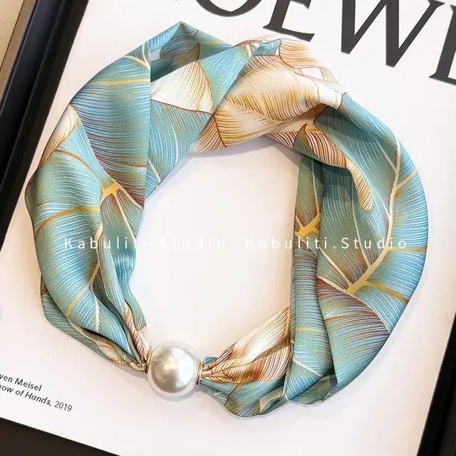 Sjaalketting met Parel Magnetische Sluiting Mint & Goud Bladeren