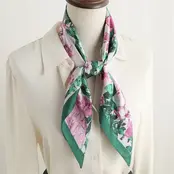 Vierkante Zijden Sjaal 70x70 cm Groen Roze Floral Print