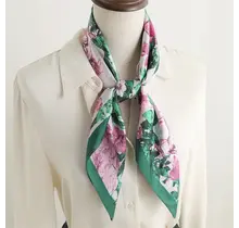 Vierkante Zijden Sjaal 70x70 cm Groen Roze Floral Print