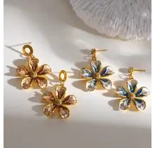 Stainless Steel Bloem Oorbellen met Zirkonia – Keuze uit Blauw of Bruin