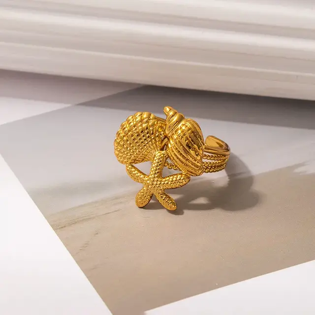 Stainless Steel Verstelbare Ring Schelp & Zeester Goud of Zilver