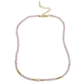 Stainless Steel Natuursteen Ketting Rozenkwarts met Parel 40+5 cm