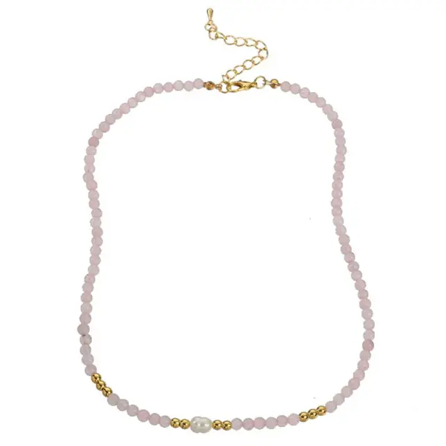 Stainless Steel Natuursteen Ketting Rozenkwarts met Parel 40+5 cm