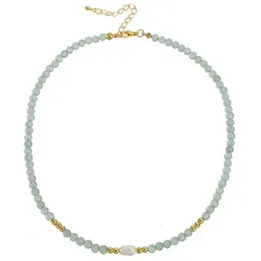 Stainless Steel Natuursteen Ketting Green Aventurine met Parel 40+5 cm