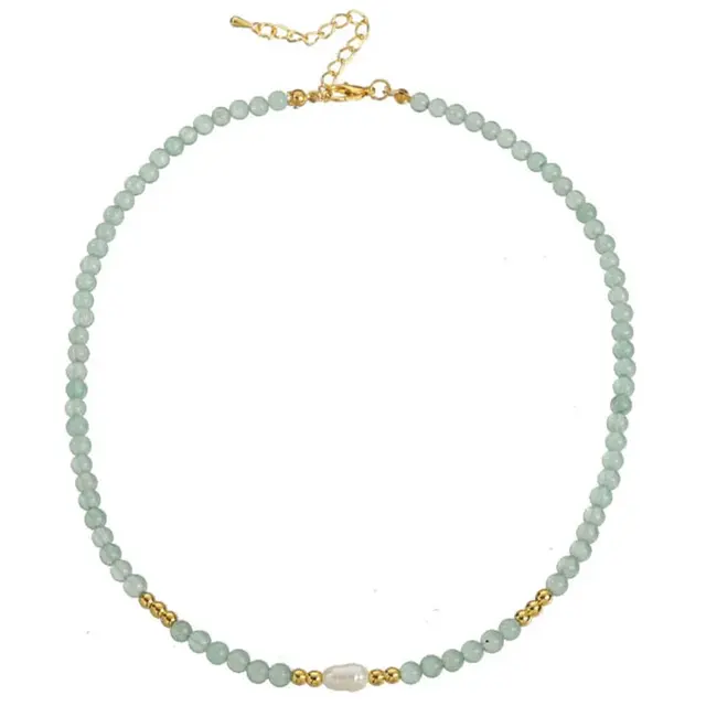 Stainless Steel Natuursteen Ketting Green Aventurine met Parel 40+5 cm