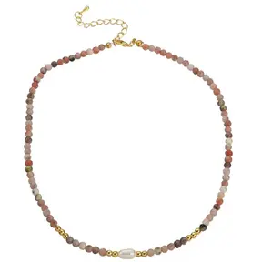 Stainless Steel Natuursteen Ketting Ornamental Stone met Parel 40+5 cm