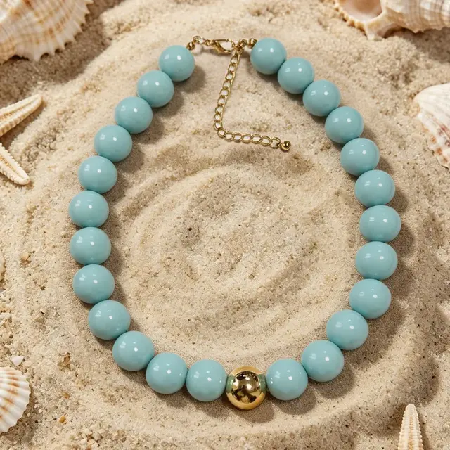 Lichtblauwe Kralen Ketting met Gouden Detail – Summer Vibes Necklace