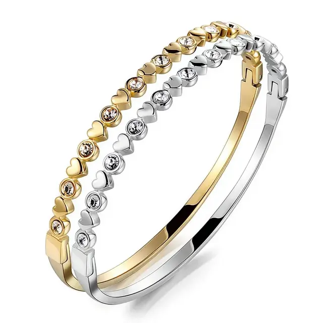 Stainless Steel Bangle met Hartjes en Zirkonia – Goud & Zilver Armband