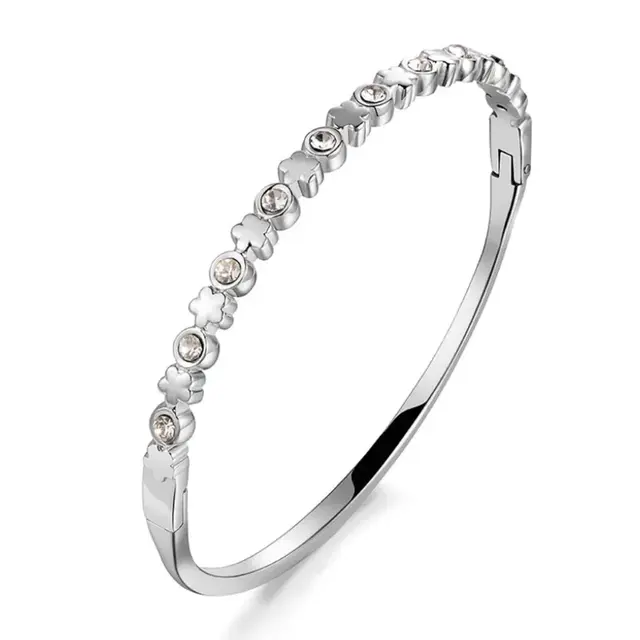 Stainless Steel Bangle met Klaver Bloemen en Zirkonia – Zilverkleurige Armband