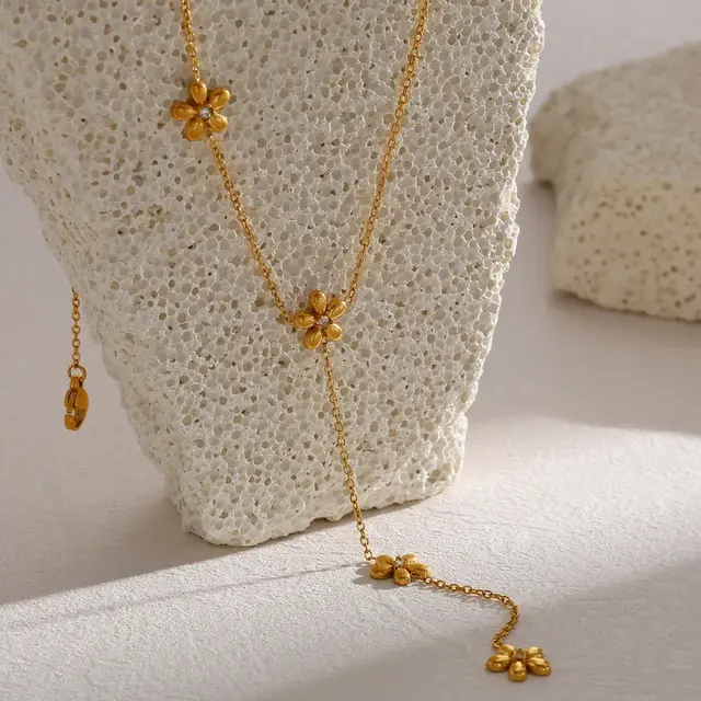 Goodies Label Stainless Steel Y-Ketting Bloemen & Crystal Goudkleurig