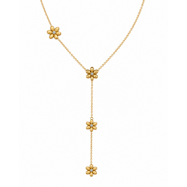Goodies Label Stainless Steel Y-Ketting Bloemen & Crystal Goudkleurig