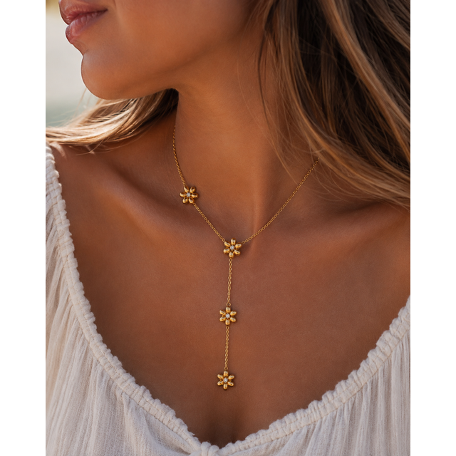 Goodies Label Stainless Steel Y-Ketting Bloemen & Crystal Goudkleurig