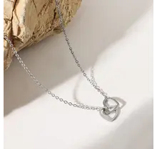 Zilverkleurige Stainless Steel Dubbele Hart Ketting 40 + 5 cm | Goodies