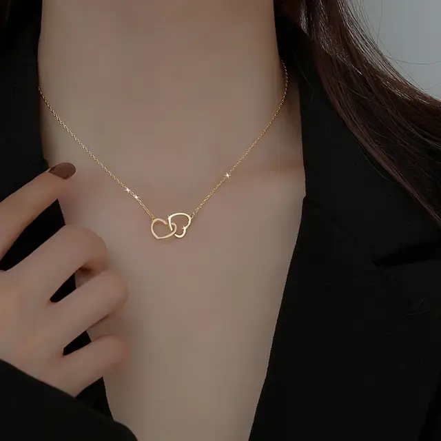 Zilverkleurige Stainless Steel Dubbele Hart Ketting 40 + 5 cm | Goodies