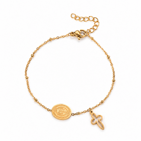 Goudkleurige armband met medaillon & kruis