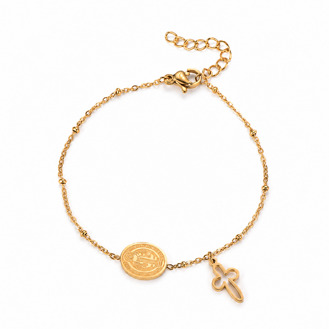 Goudkleurige armband met medaillon & kruis