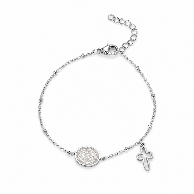 Zilverkleurige armband met medaillon & kruis