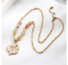 Goudkleurige Stainless Steel Ketting met Natuursteen & Bloem | Goodies