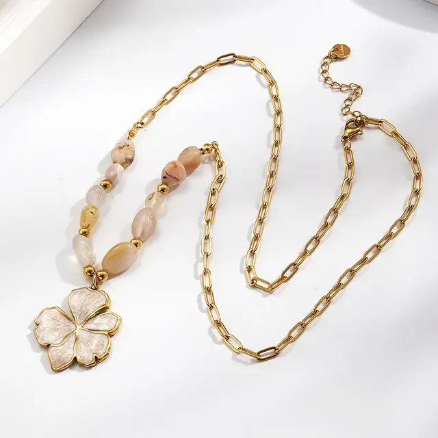 Goudkleurige Stainless Steel Ketting met Natuursteen & Bloem | Goodies