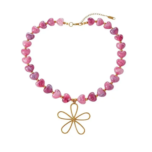 Roze Hartjes Kralenketting met Goudkleurige Bloem | Goodies