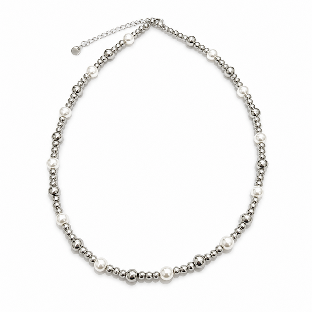 Zilverkleurige Stainless Steel Bolletjes Ketting met Parels 39 + 5 cm | Goodies