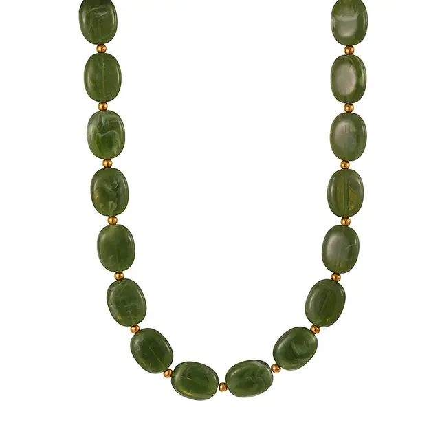 Olijfgroene Resin Kralenketting met Stainless Steel 38 + 5 cm | Goodies