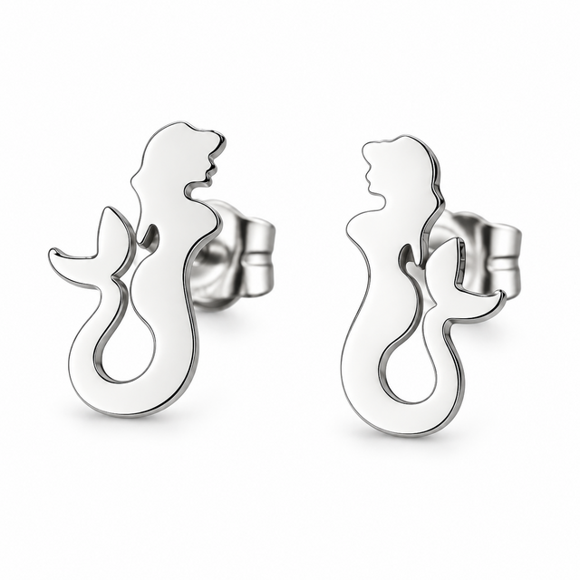 Goodies Label Zilverkleurige Zeemeermin Oorstuds 12 mm | Stainless Steel