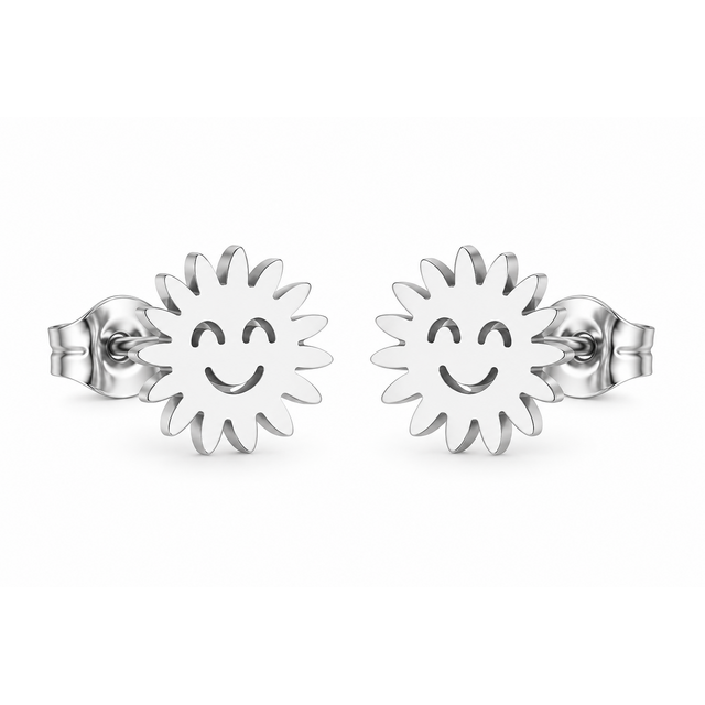Goodies Label Zilverkleurige Smiley Sun Studs 10 mm | Stainless Steel