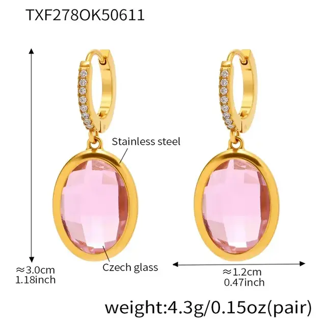 Goodies Label Goudkleurige Oorringen Roze Glas & Zirconia | Stainless Steel